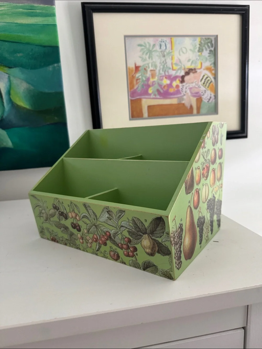 Green Decorative Desktop Organizer - Fruit Pattern Vintage Inspired Pop of Color